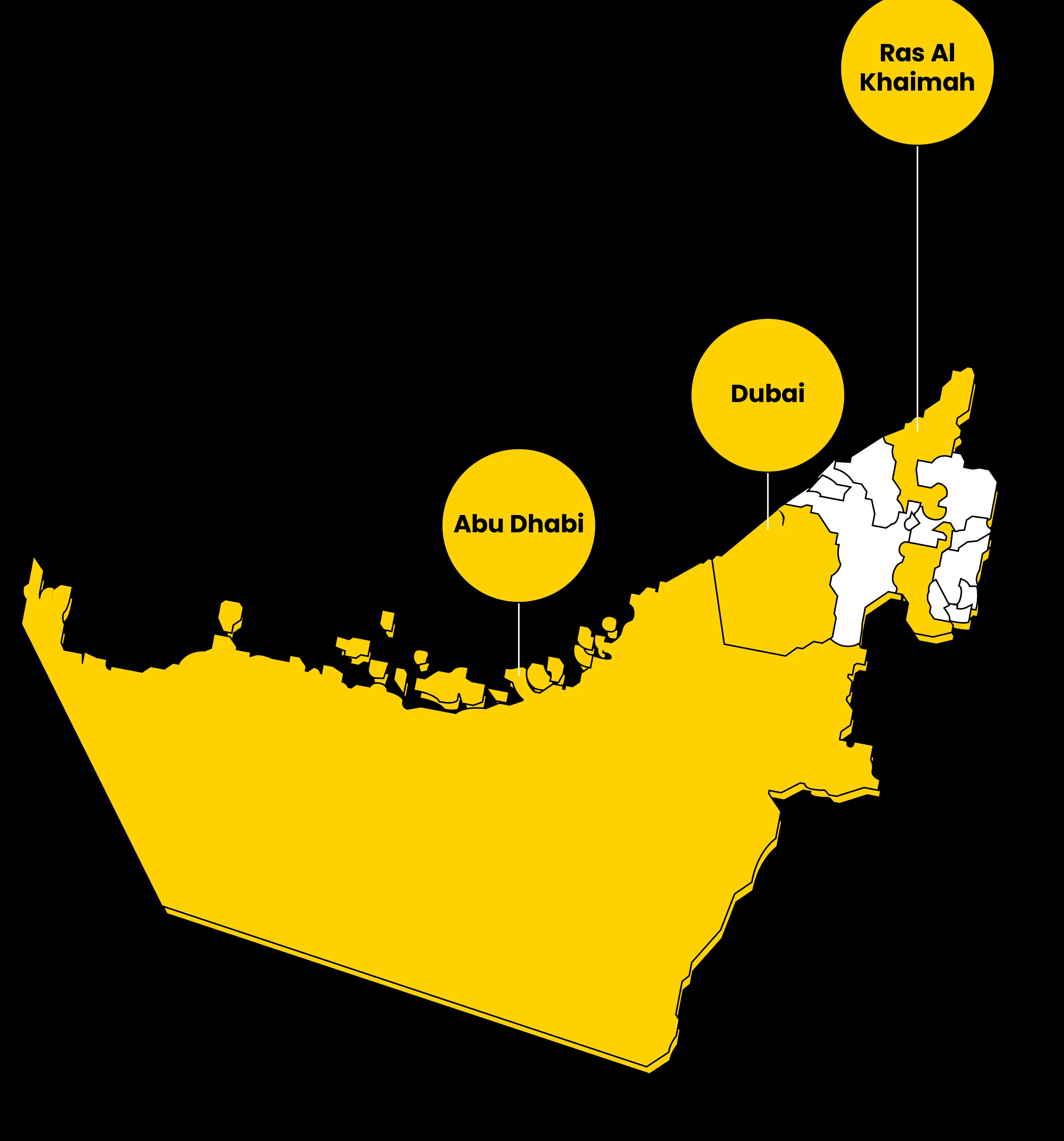 UAE map highlighting Ras Al Khaimah, Dubai and Abu Dhabi